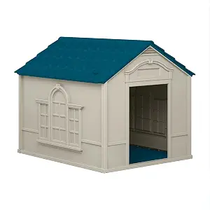 Suncast Outdoor Dog House with Door - Water Resistant and Attractive for Small to Large Sized Dogs - Easy to Assemble - Perfect for Backyards