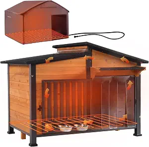 GUTINNEEN Heated Dog House Outdoor Dog Kennel with Safe Heated Pad, Chew-Proof Metal Frame and Rotating Food Bowl for Small to Medium Dogs, 44"x29.5"x32.3" (Brown)