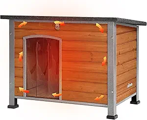 Aivituvin Dog House Outdoor & Indoor Wooden Dog Kennel for Winter with Raised Feet Weatherproof for Small & Medium & Large Dogs,Unique All-Around Iron Frame, (AIR74)