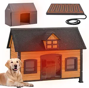 GUTINNEEN Heated Outdoor Dog House, 2-Windows Weatherproof Shelter with Reinforced Metal Frame, Heating Pad& Insulated Thermal Liner for All-Season Use (Fits Small, Medium, Large Dogs)