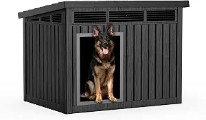 Durable Waterproof Resin Dog House,Indoor Outdoor Doghouse for Small to Large Dogs,Dog Kennel with Air Vents and Elevated Floor,Easy to Assemble and Clean(Black 42.87 * 32.95 * 31.61)