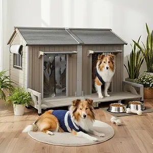 Extra Large Outdoor Dog House with Balcony, Weatherproof Kennel for 2 Dogs