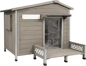 Gowoodhut Dog House Outdoor Wooden Dog Kennel Outdoor Weatherproof Chew-Proof Iron Frame, Removable Floor and Adjustable Window for Large Dogs(Gray, 34.6" L x 25.6" W x28.2 H)