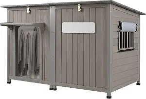 PetsCosset 55" Extra Large Wooden Dog House for Outdoor Use Weatherproof Outside Doghouse Heavy Duty Raised Dog Kennel with Iron Frame, Waterproof Asphalt Roof, Fits Large Dogs or 2 Medium Dogs