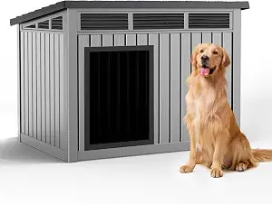 DRATO Dog House, Weatherproof Resin Outdoor Dog House for Large Dogs, Sloped Openable Roof, Air-Rod Support & Fixed Louvered Structure, Spacious Interior Easy Assembly Pet Shelter Indoor Outdoor（Grey）
