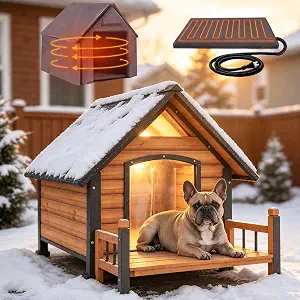 Heated Dog House Outdoor Insulated Wood Dog Kennel with Porch, Brown 43.59”