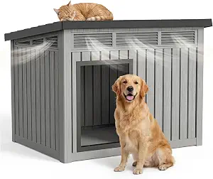 DRATO Large Dog House, Weatherproof Resin Large Dog House Outdoor with Sloped Roof & Ventilation, Indoor Outdoor Dog House for Samll to Large Dogs, Easy Assemble, (Classic Grey, 42.87*32.95*31.61)