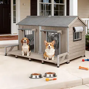 Gowoodhut 55.5" L Extra Large Dog House Outdoor, Wooden Dog Kennel for Large Breeds, Weatherproof XL Dog House with Openable Roof & 2 Doors, Cozy Indoor/Outdoor Doghouse for Large Small Dogs