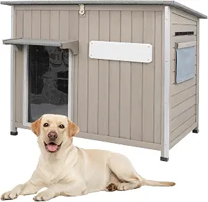 Gowoodhut Dog House Outdoor Weatherproof & Wooden Dog Kennel with Chew-Proof Iron Frame，Removable Floor, Adjustable Vent Window, Easy Assembly for Medium Dogs (43.3" L x 29.5" W x 33.5" H)