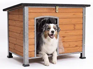 Suumerpety Indoor Outdoor Dog House,Anti-Chewing Iron Frame Dog Kennel,Wood Warm Pets Home,Weatherproof Outside Shelter for Feral Animal 33.5" (L) X 22" (W) X 25.2" (H) Brown