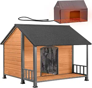 AIVITUVIN Heated Outdoor Dog House for Winter, Large Wooden Dog Kennel with Heated Pad, Insulated Liner, Metal Frame, Waterproof Roof, Raised Base and Porch for Medium to Large Dogs