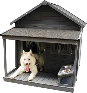Wooden Outdoor Large Dog House with Balcony and Asphalt roof - Outdoor Insulated with Windproof Curtain, Food Bowl and Cozy mat - Insulated Dog House is Durable, Wind and Water Resistant(W1431S00005)
