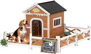 PawHut Outdoor Dog House, 56" Wooden Dog House with Large Porch, Weatherproof & Openable Roof, Elevated Base, Removable Floor, Outside Shelter for Small to Medium Breeds, 47" × 56" × 31.5"