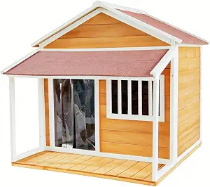 Outdoor Wooden Dog House with Porch and Asphalt Roof Weatherproof Pet Kennel Shelter with Ventilation Window Plastic Door Flap