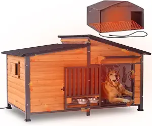 GUTINNEEN Extra Large Heated Dog House Insulated Dog Kennel Weatherproof Dog Shelter with Safe Heating Pad, Chew-Proof Metal Frame, Rotatable Spill-Proof Bowl for Large Dog Breeds, 60"L x 36"W x35.4"H