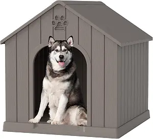 Fancyango Medium Large Dog House Outdoor Indoor, Sturdy Plastic Waterproof Doghouse with Air Vents and Elevated Floor, Easy Clean and Assemble (36.2" L×38" W×38" H,Classic Grey)