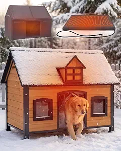 Heated Dog House with Insulated Liner Anti-Chewing Metal Frame Design Insulated Wooden Dog Kennel with Unique Design Roof, Weatherproof Dog House for Outdoor Indoor