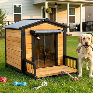 Large Dog House Outdoor, Wood Weatherproof Shelter with Elevated Floor