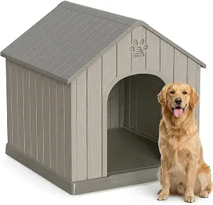 DRATO Outdoor Dog House Waterproof Roof, Large Capacity Pet House with Ventilation Design, Durable Resin Structure Raised Floor for Medium to Large Dogs, Easy Assembly(Gray)
