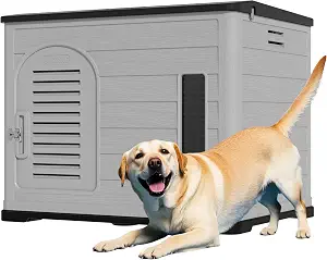 XLarge Durable Plastic Dog House for Big Dogs - Indoor Outdoor Double-Layer Insulated Doghouse with Open-Top Cover, Lockable SlidingDoor, Elevated Floor (46''L*38''W*39''H)