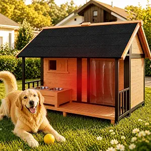 Extra Large Dog House with Porch& Dog Bowls with Insulated Liner