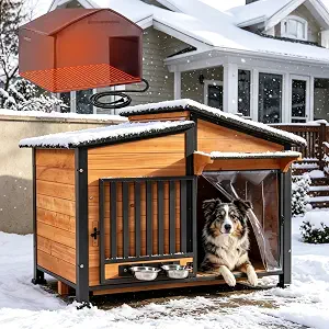 GUTINNEEN Large Heated Dog House Outdoor Insulated Dog Kennel Weatherproof with Safe Heating Pad, Chew-Proof Metal Frame, Rotatable Spill-Proof Bowl for Large Dog Breeds, 39.7" L x 25.5" W x32.2 H