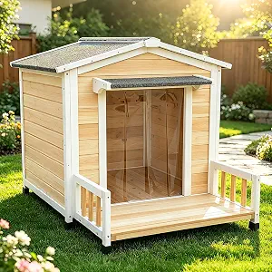 Large Dog House Outdoor Elevated Wooden Dog Kennel with Porch White 43"