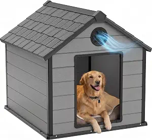 50" Large Dog House Outdoor,Premium Wood-Grain Resin Doghouse,Black
