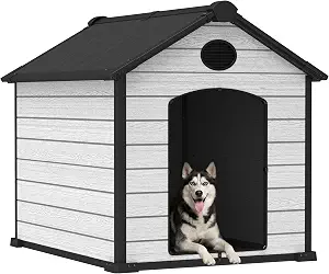 ZYJOYY 57" Large Dog House Outdoor Indoor with Durable Waterproof Resin Plastic for Medium Large Dogs, Dog House Bed with Air Vents and Elevated Floor, Easy to Assemble (Grey, 57" L x 47" W x 50" H)
