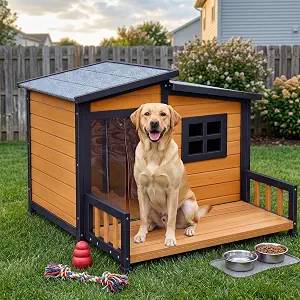 RUNSHED Insulated Outdoor Dog House for Small and Medium-Sized Dogs, Weatherproof Wooden Shelter with Elevated Floor & Ventilation, Easy Assembly (39.3” L x 37.5” W x 30” H)