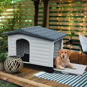 DWVO 2-Door Large Dog House with Elevated Base & Cushion, Weather-Resistance Dog Bed House for Indoor/Outdoor Use, Easy Assembly Pet House for Small to Large Dogs (43.7''L x 33''W x 31.6''H)