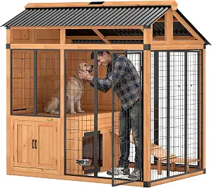 PawHut 7' x 5' Extra Large Outdoor Dog Kennel Walk-in Wood Dog House Yellow