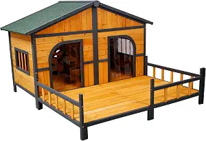 Wooden Double XL Dog House with Elevated Floor and Porch for Small Medium Breeds, Weatherproof Outdoor Shelter with Removable Bottom and Openable Roof