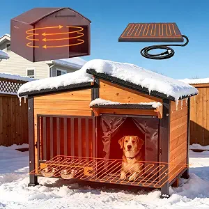 GUTINNEEN Heated Dog House Outdoor with Iron Frame and Rotating Bowls