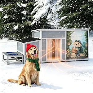 COZIWOW 59" Insulated Outdoor Dog House | Waterproof All Weather Pet Shelter with Removable Thermal Liner, 2 Slow Feed Bowls, Wooden Shelter for Medium Dogs, Cats, Livestock