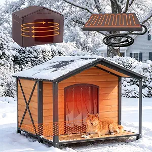Extra Large Heated Dog House Outdoor with Full Iron Frame and Covered Porch