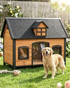 Aivituvin Large Dog House Anti-Chewing Metal Frame Design Insulated Wooden Dog Kennel with Unique Design Roof, Weatherproof Dog House for Outdoor Indoor