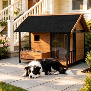 Large Outdoor Dog House with Porch & Dog Bowls for Large Dogs