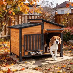 Outside Chew-Resistant Dog House with Metal Frame, Indoor/Outdoor Wooden Dog House with Waterproof Roof and Food Bowl, Wood，Size L