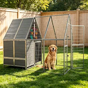 COZIWOW 87" Heavy Duty Metal Dog Run Enclosure,with Waterproof Roof Wooden Dog House