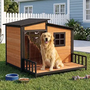 XLarge Dog House Outdoor Anti‑Chew Iron Wooden Elevated Dog Kennel Home 44"