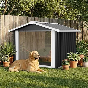 KEIKI 2-in-1 Metal Dog House Outdoor Shelter & Storage Shed, Pet House with PVC Door and Ventilation, Heavy Duty Kennel for Medium Large Dogs, Garden, Backyard