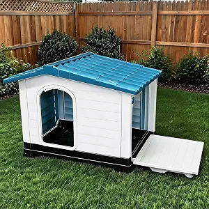 2-Door Large Dog House for Indoor and Outdoor Dog House with Fold-Out Porch Elevated Base, Waterproof Pet House for Small and Medium Dogs, Easy Assembly, Blue (38''L x 26''W x 31''H)