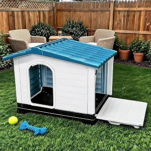Elevated Weatherproof Plastic Dog House with 2 Doors & Fold-Out Porch – Raised Floor Outdoor Kennel for Large Dogs up to 100 lbs – Large Blue