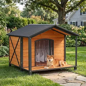 Extra Large Dog House Outdoor with Full Iron Frame and Covered Porch