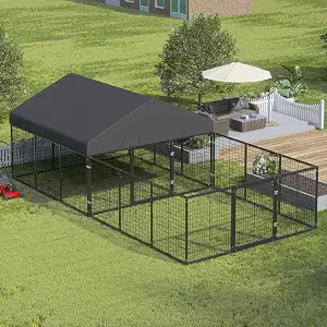Outdoor Dog Kennel with Dog Fence for Medium/Small Dogs Anti-Rust Coating Cage with Roof All Weather Resistant Dog House with Double Locks
