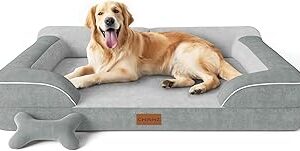 CWAWZ Extra Large Dog Bed, Orthopedic Dog Bed with Cooling Gel Memory Foam, Waterproof XL Pet Bed with Removable Washable Cover, 42" Pet Sofa Couch Dutch Velvet with Bone Toy, Light Gray