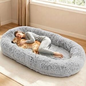 79"x44"x12.5" Human Dog Bed for Adult Faux Fur Washable Human Dog Bed Portable Handle, Egg Orthopedic Foam Human Bed Extra Large Grey