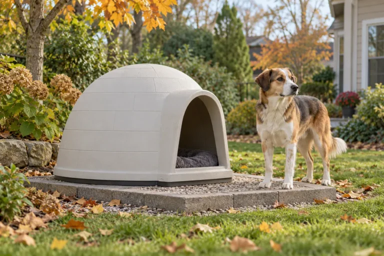 A dog beside a generic dome-shaped dog shelter in an autumn garden