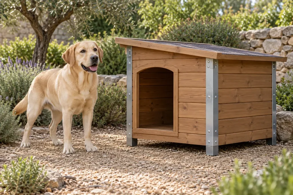 A dog beside a generic wooden shelter with metal corner reinforcement